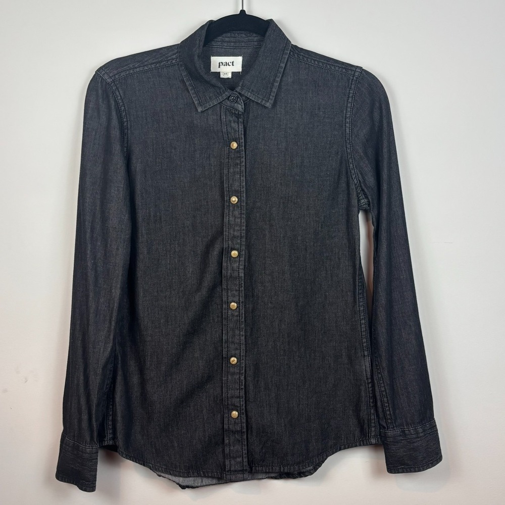 Pact Denim Chambray Western Snap‎ Shirt Black Womens XS 100% Organic Cotton